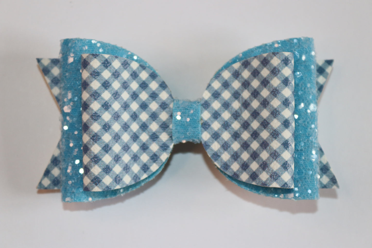 Blue Gingham Faux Leather Hair Bow