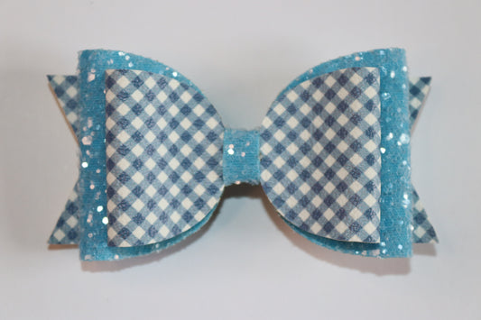 Blue Gingham Faux Leather Hair Bow