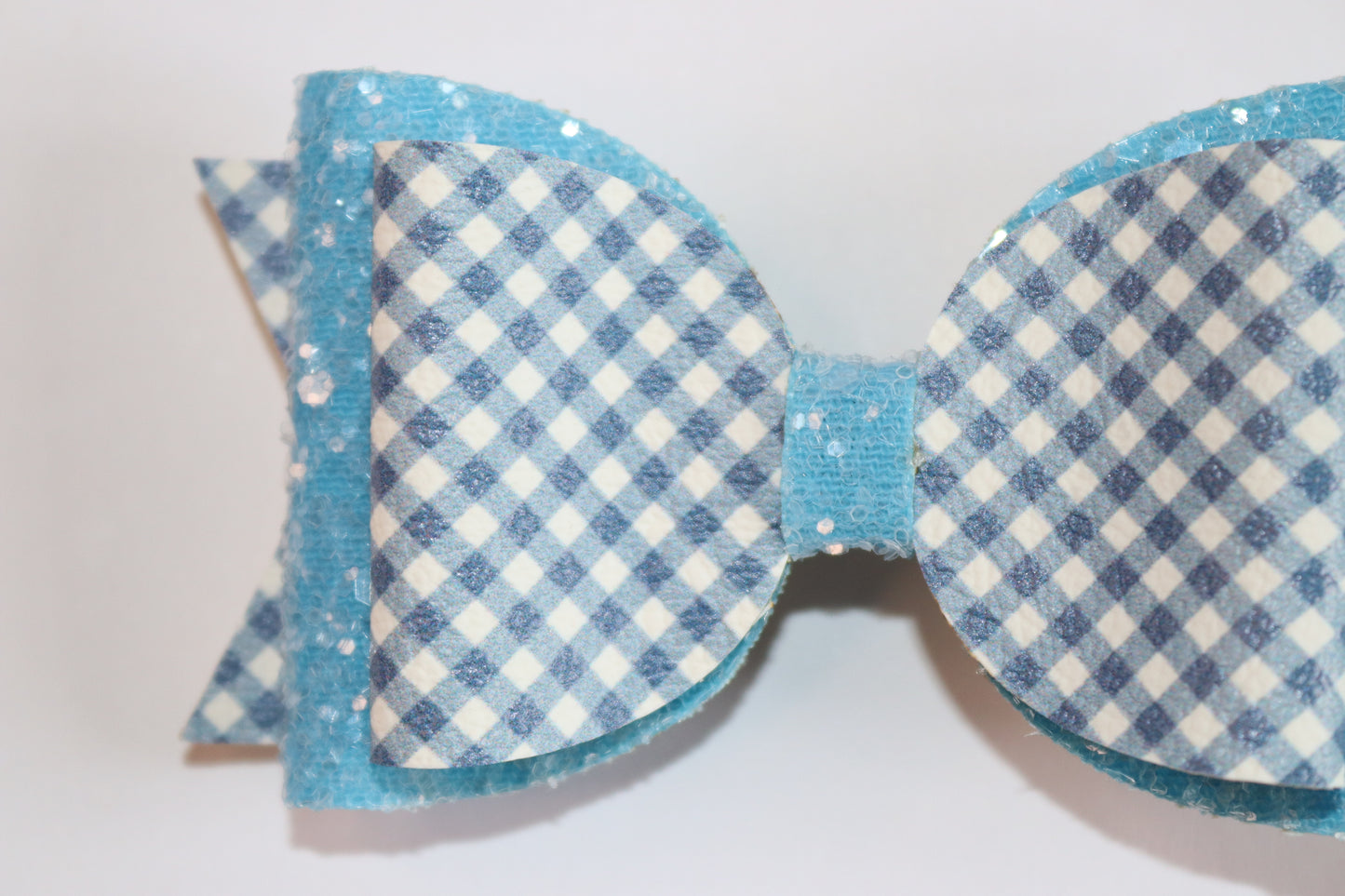 Blue Gingham Faux Leather Hair Bow