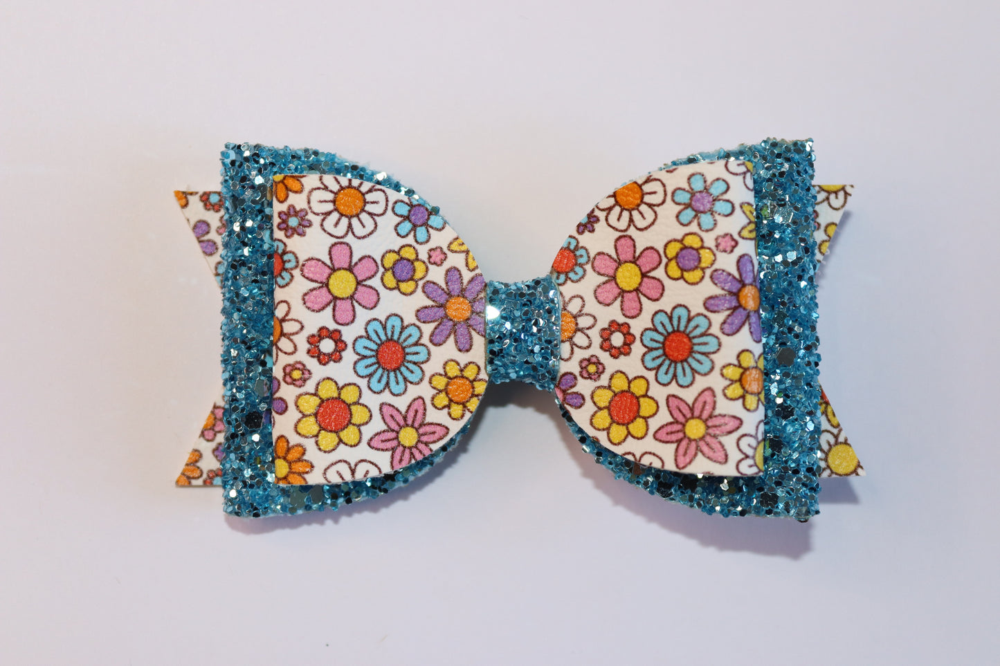 Blue Flower Power Faux Leather Hair Bow