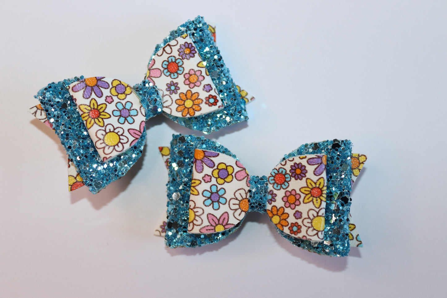 Blue Flower Power Faux Leather Hair Bow