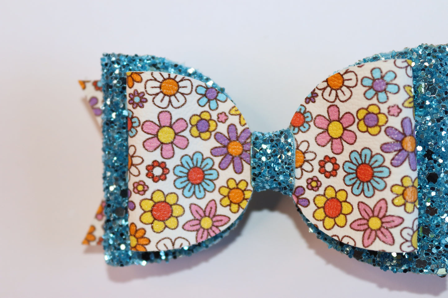 Blue Flower Power Faux Leather Hair Bow