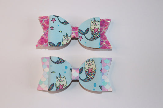 Mermaid Cat Unicorn Faux Leather Hair Bow