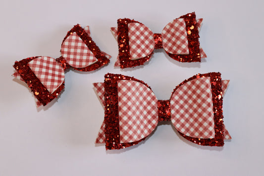 Red Gingham Faux Leather Hair Bow